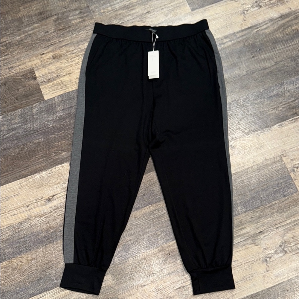 Eileen Fisher Black Track Pants with Gray Stripes